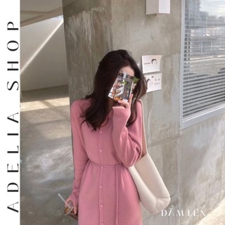 「ADELIA」Đầm Len Dáng Dài Suông Cổ Bẻ 3 Màu Trendy Kèm Thắt Dây Lưng Chất Len Mịn Dày Dặn Phong Cách Hàn Quốc