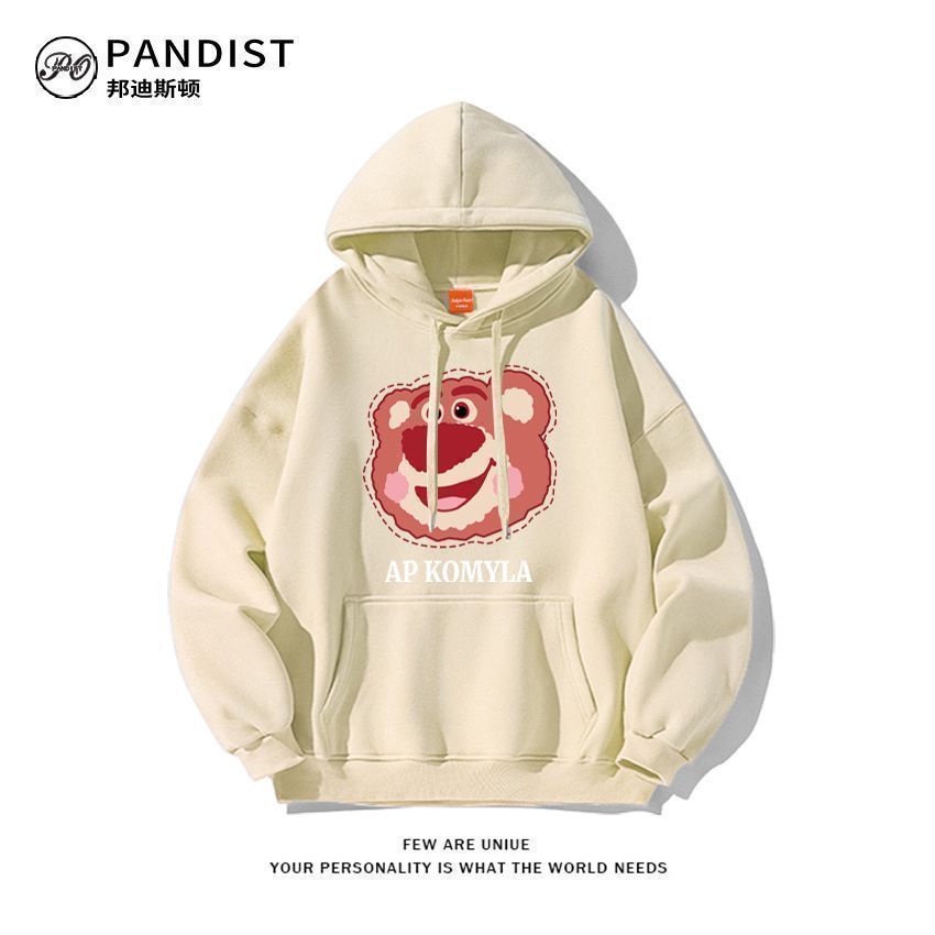 Áo Hoodie Dáng Rộng Có Lớp Lót Lông Cừu In Họa Tiết Hoạt Hình Gấu Dâu Tây Phong Cách Preppy Nhật Bản Thời Trang Thu Đông