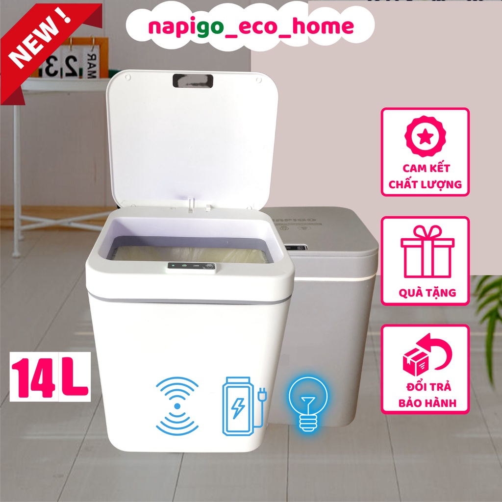 Thùng rác thông minh NAPIGO 14L 16L 3 chế độ có đèn ban đêm pin sạc cảm ứng hồng ngoại