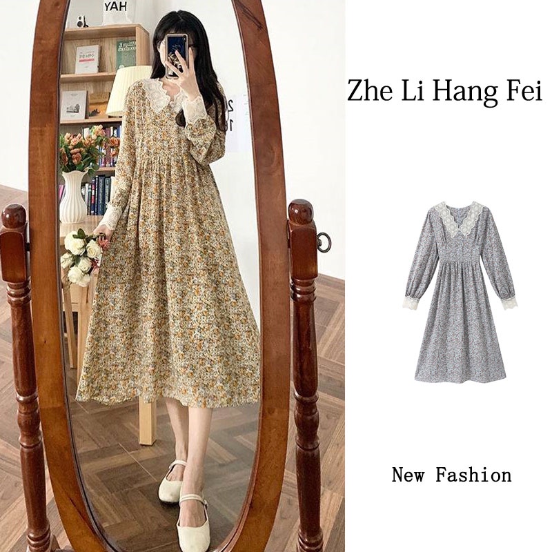 ZHELIHANGFEI Đầm hoa cổ chữ V cổ chữ V tay áo thun dài đơn giản eo cao