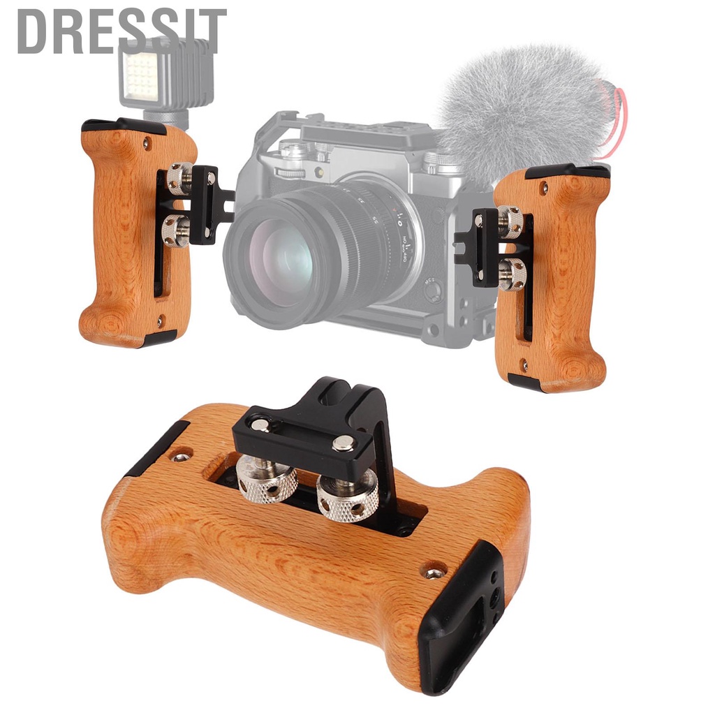 Dressit Wooden Side Handle Grip /4in Thread Shoe Mount For Camera DV Video Cage Kit
