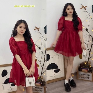 Đầm BBD cổ vuông voan đỏ tay bo ngắn dáng xoè 2 lớp freesize Pumi