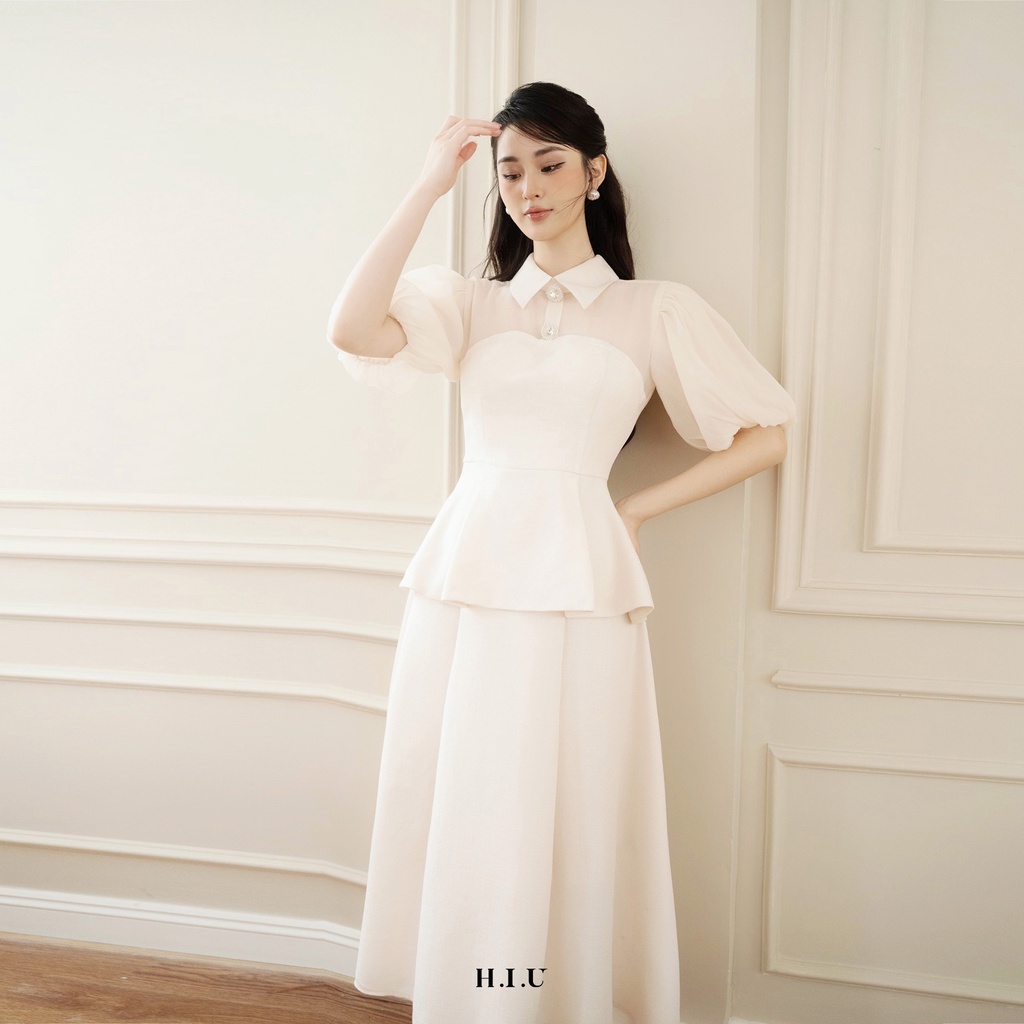 Áo kiểu nữ tay bồng cúp ngực phối voan MINA dạ xước hàn H.I.U Fashion , cách điệu ôm dáng che khuyết điểm HIU design
