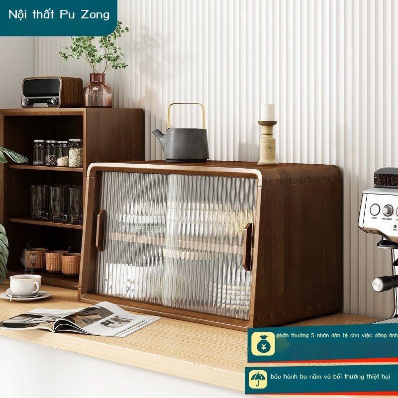 Tủ búp phê cửa kính gỗ nguyên khối phong cách Nhật Bản