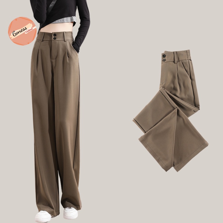 Quần ống rộng Goness 2 khuy lưng cạp cao baggy vải nữ dài suông loe culottes xuông nhiều màu QD02