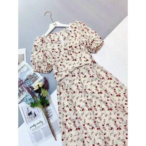 Váy hoa nhí mùa hè có tay-cổ vuông đơn giản eo kiểu đan chéo lên from chuẩn sang xịn đẹp-váy hoa dáng dài