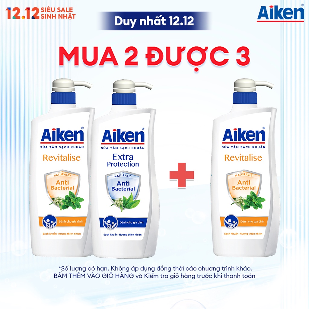 Combo 2 sữa tắm sạch khuẩn Aiken 850g chiết xuất bạc hà và trà xanh thiên nhiên