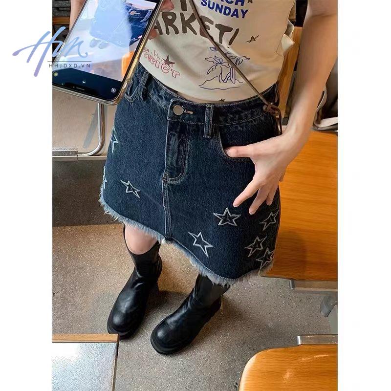 Chân Váy Denim Eo Cao Thêu Ngôi Sao Phong Cách Retro Mỹ Dành Cho Nữ