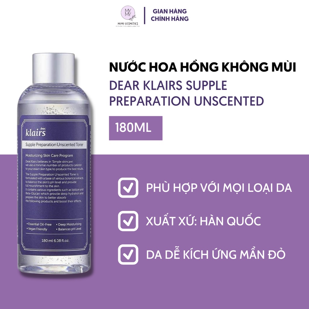 Nước Hoa Hồng Không Mùi Dear Klairs Supple Preparation Unscented Toner Thành Phần Thiên Nhiên An Toàn Cho Da 180ml