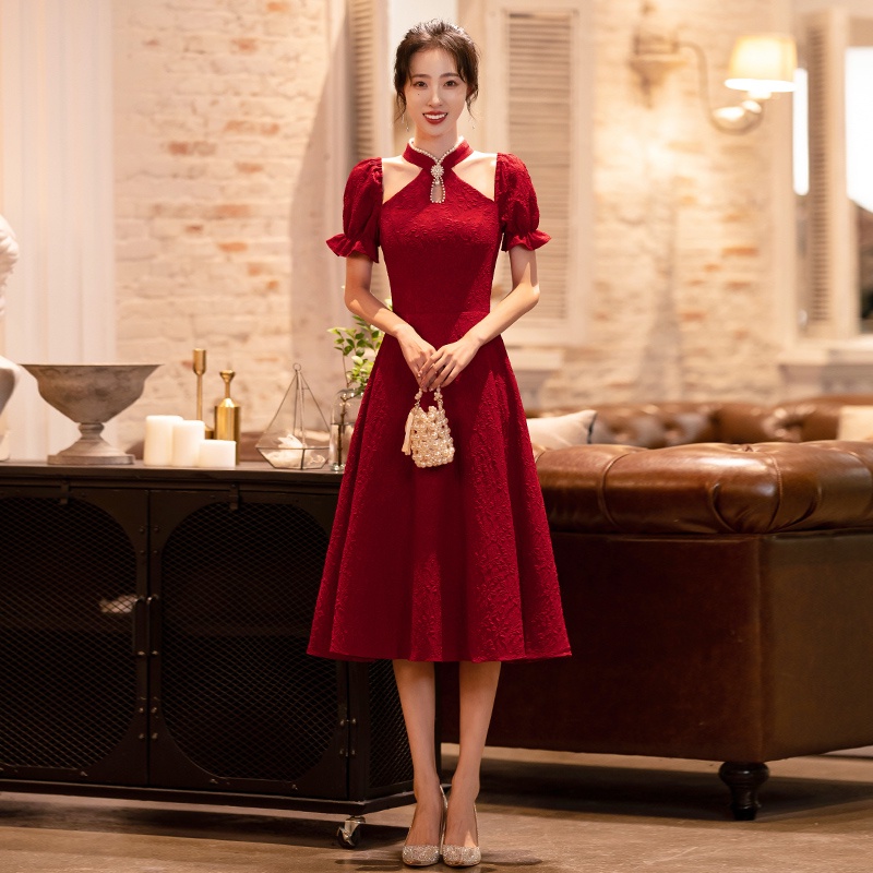 Đầm váy midi xoè cổ yếm 🌸gấm hoa nổi 🌸 tay phồng Quảng Châu màu đỏ tết noel dự tiệc đám cưới đi biển bigsize rẻ đẹp