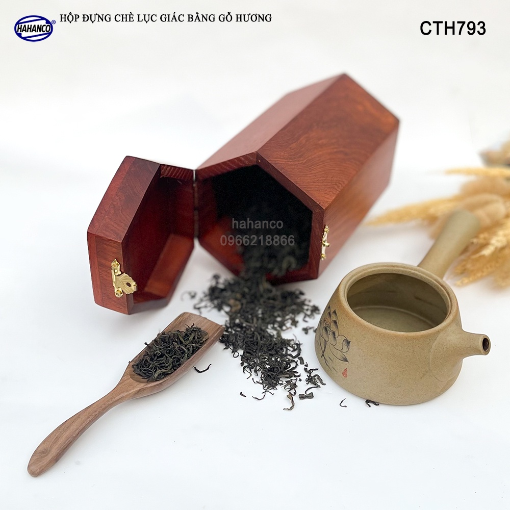Hộp đựng trà bằng gỗ Hương mặt đục chữ Phúc - hình lục lăng, cafe, decor - CTH793