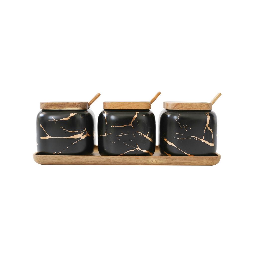 Hộp Đựng Gia Vị Bằng Gốm Họa Tiết Cẩm Thạch Có Nắp Gỗ