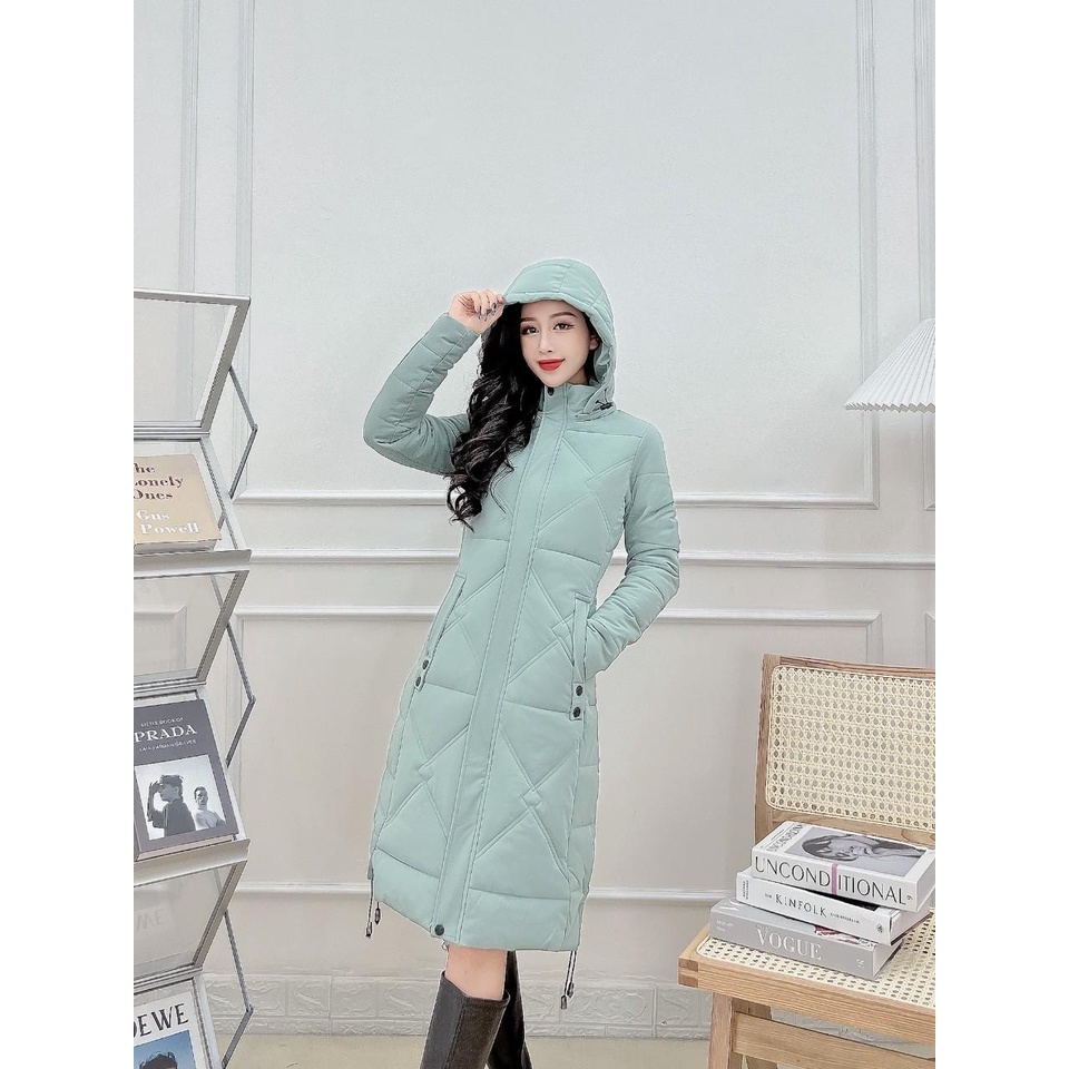 P921 -  Áo khoác phao nữ dáng dài siêu nhẹ dày ấm cản gió có mũ tháo rời