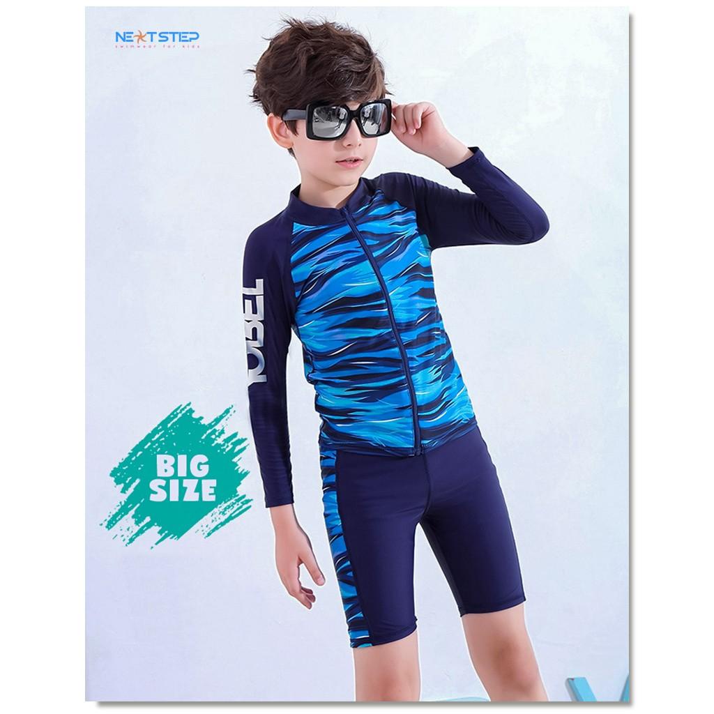 Đồ bơi trẻ em, đồ bơi bé trai tay dài chất vải chống nắng size lớn đến 45kg cho bé trai đến 12 tuổi