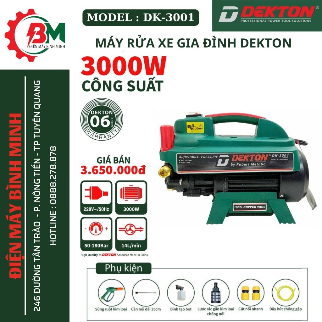 Máy Rửa Xe Gia Đình Dekton DK-3001 - Công Suất 3000W - Có Chỉnh Áp - Motor Từ