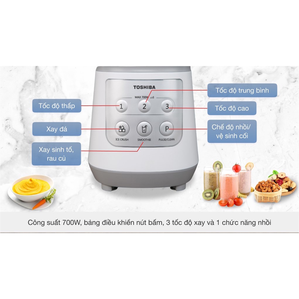 Máy xay sinh tố đa năng Toshiba BL-70PR2NV Trưng bày Công suất: 700W - 3 Cối xay nhựa -  Lưỡi dao thép không gỉ