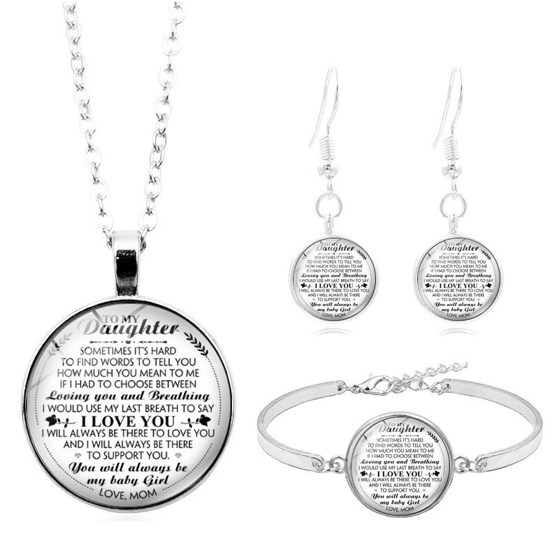 Bộ Trang Sức 4 Món Mặt Kính Cabochon In Chữ LE To My Daughter Love You