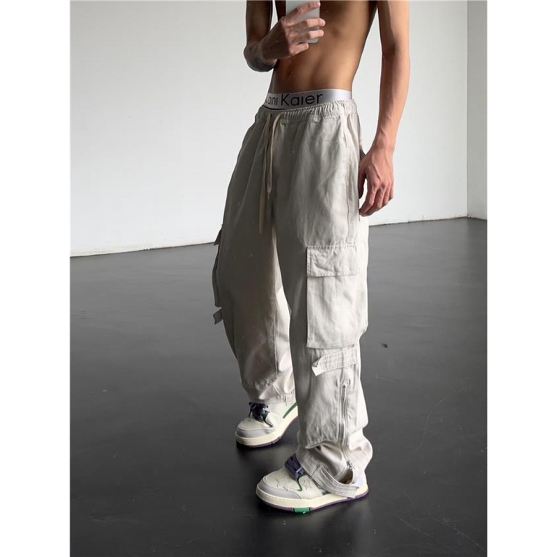 Quần Dài Ống Rộng Lưng Cao Nhiều Túi Phong Cách Retro Mỹ Cho Nam