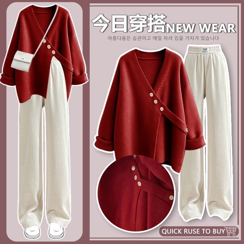 Bộ Áo Sweater Dệt Kim Dáng Rộng Phối Quần Dài Cỡ Lớn Thời Trang Thu Đông 2022 Mới Cho Nữ