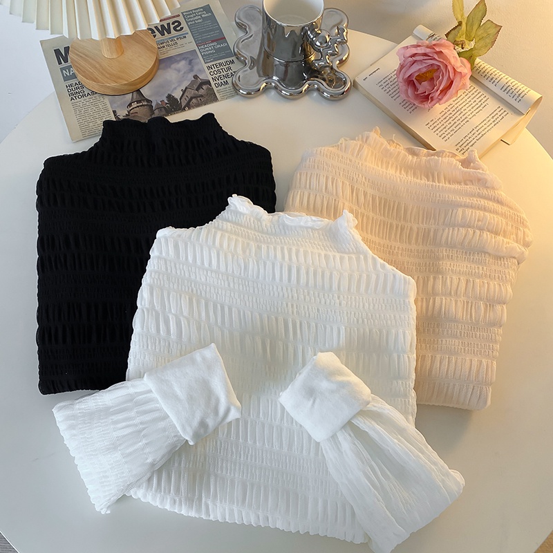 Áo Lưới Tay Dài Cổ Cao Phối Ren Hoa Thời Trang Mùa Đông Cho Phái Nữ