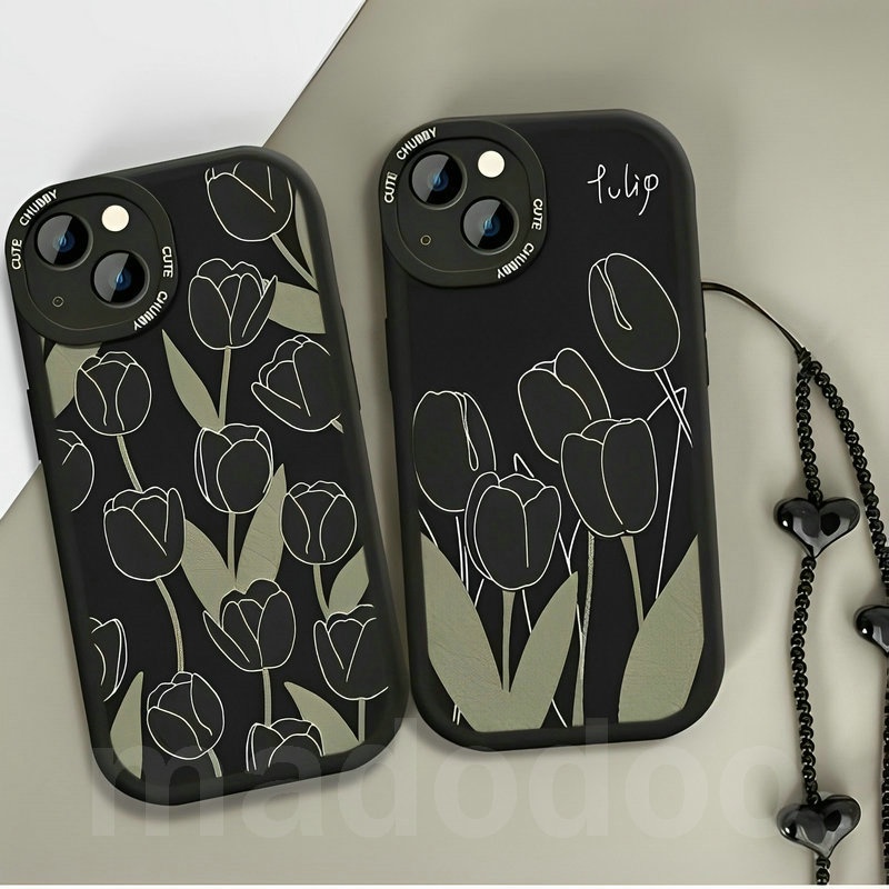 Fine hole Casing OPPO Reno 8T A78 A15 A15S A16 A74 A76 A96 A54 A55 4G A5S A12 A95 A77S A57 2022 A77 5G A93 A16K A16E A16S A53 A33 A5 A9 2020 A52 A72 A92 A31 A1K A7 A3S A83 A11K F9 F11 with Love Lanyard Black Tulip Flowers Tpu Soft Phone Case XPN 31