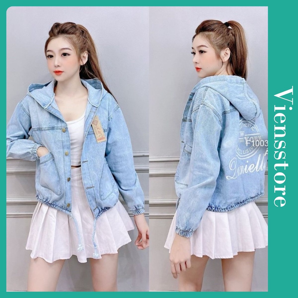 Áo khoác jeans nữ có mũ chùm eo rút dây lưng phối chữ trắng VIENS STORE