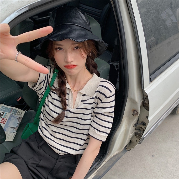 Porozi  Áo thun polo  tay ngắn cổ chữ V họa tiết kẻ sọc thời trang Hàn Quốc cho nữ