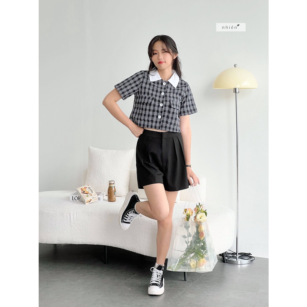 Áo sơ mi caro nhí nữ - áo kiểu nữ công sở túi hộp nhiennhienvintage BA190
