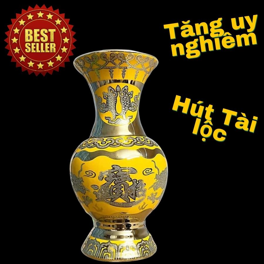 Lọ hoa thờ- Gốm KIM SA 3D - Họa tiết rồng vàng cao cấp Để Thờ Gia Tiên,Thờ Ban Thần Tài, Thờ Phật