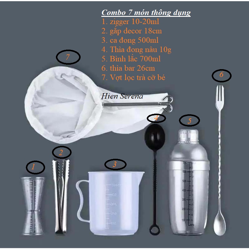 Combo dụng cụ pha chế 7 món thông dụng - bình 700ml