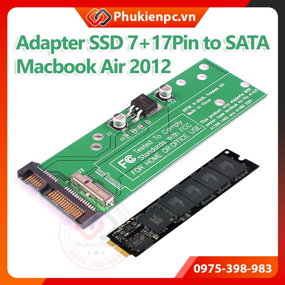 Adapter chuyển đổi SSD 7 + 17Pin sang SATA dùng cho SSD Macbook Air, Retina 2012, lắp ổ cứng SSD Macbook cho máy tính PC
