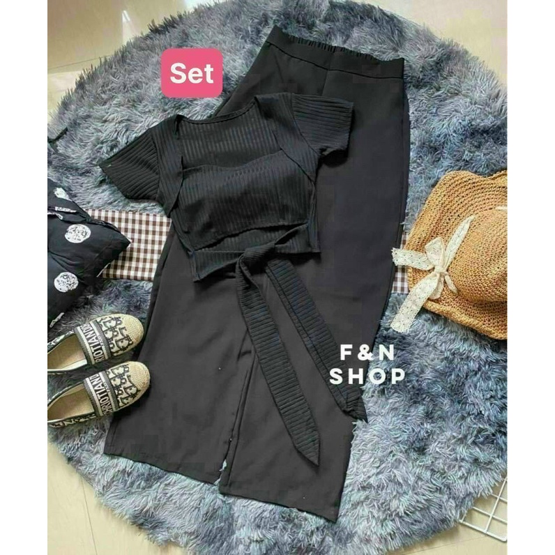 (Sale FreeShip) Sét bộ áo croptop cột nơ mix quần ống rộng,sét nữ phong cách trẻ trung cá tính diện siêu hack dáng