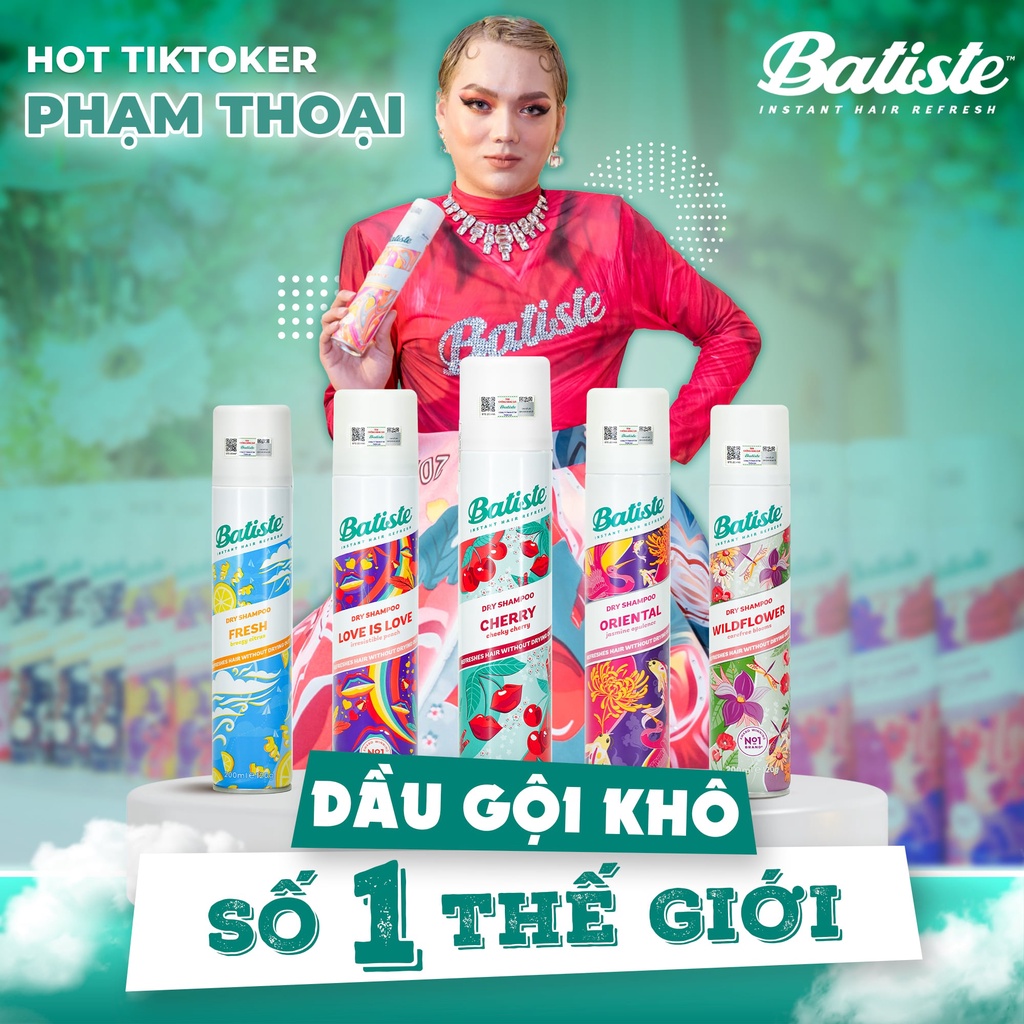 Combo 2 Chai Dầu Gội Khô Batiste Cherry Hương Hoa Anh Đào Cho Tóc Hết Bết Dính Siêu Tiết Kiệm 200ml