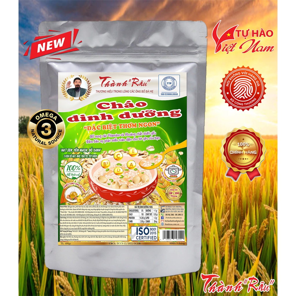 Cháo tấm ăn dặm cho trẻ em Thành Râu loại Đặc Biệt, xanh sen yến mạch dầu óc chó (400g)