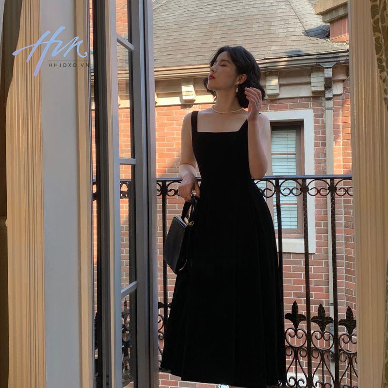 Đầm Nhung Đen Dáng Vừa Phong Cách Pháp Thời Trang Thu Đông Cho Nữ