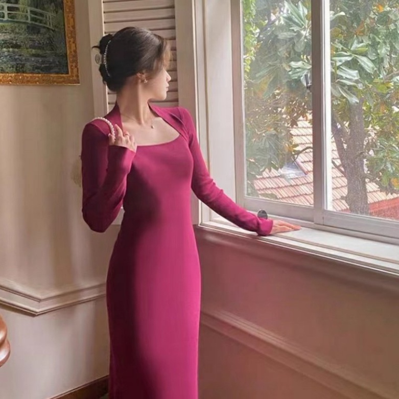 SUXI Đầm Dệt Kim Dài Qua Gối Ôm Dáng Màu Sắc Đơn Giản Phong Cách Vintage Dành Cho Nữ