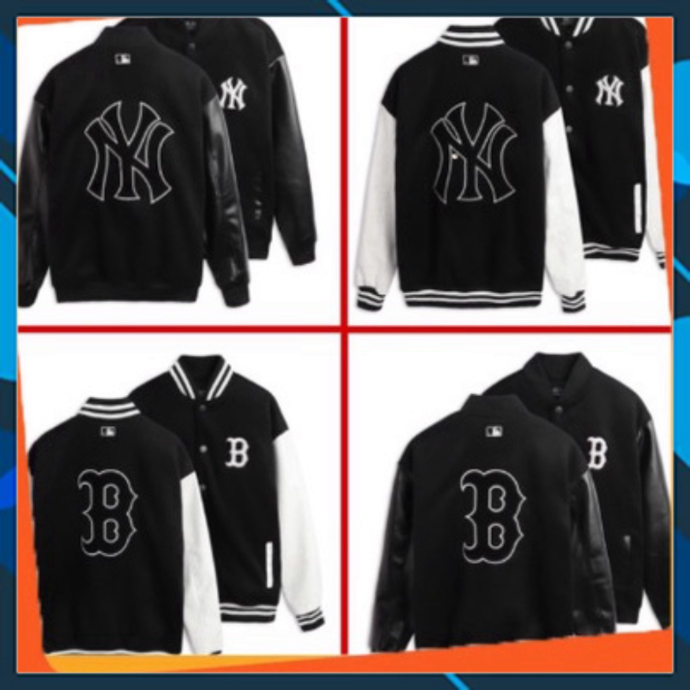 -* Áo khoác Bomber Varsity M.L.B Ny Thêu Logo Cam form rộng Phối Tay Da/// -*