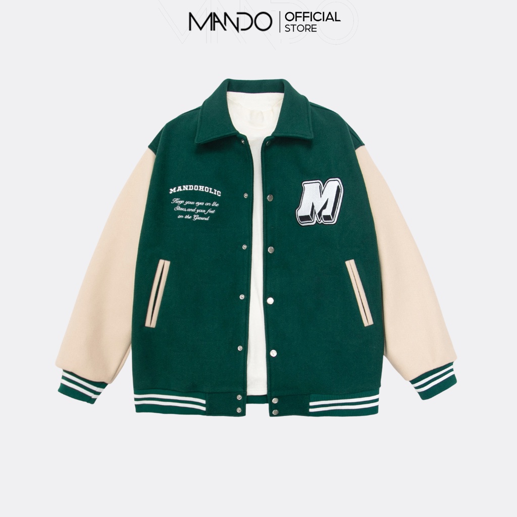 Áo Khoác Bomber Varsity Nam MANDO Chất Liệu Dạ Phối Màu Xanh Be Họa Tiết Trendy Phong Cách Thời Trang Hàn Quốc BOB008