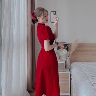 Đầm nhung cổ trụ dáng dài
