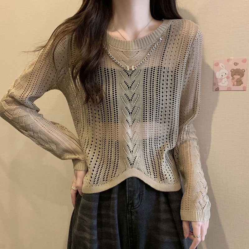 Áo Dệt Kim Tay Dài Cổ Tròn Họa Tiết Kẻ Sọc Thiết Kế Bất Đối Xứng Thời Trang Hàn Quốc Cho Nữ