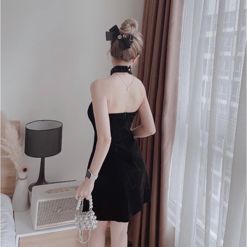 Bộ đầm ống cup ngực nhung kèm vòng cổ shop nina le