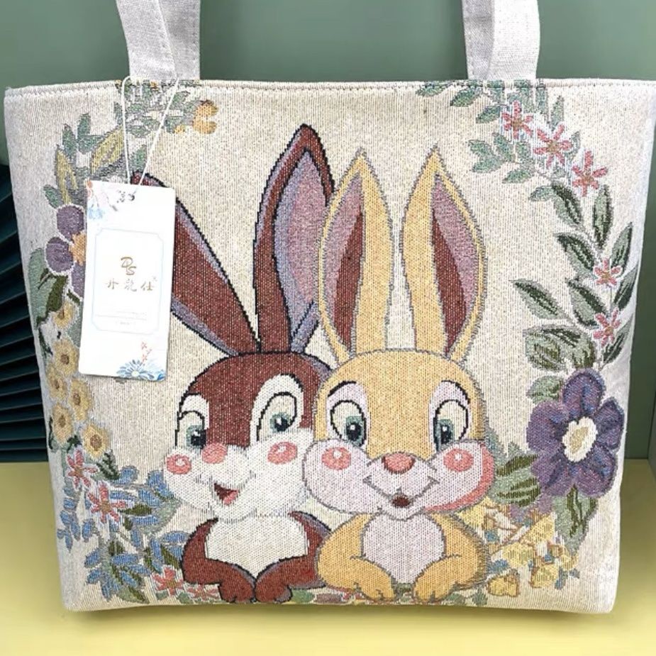 Túi Xách Đeo Vai Vải Bạt Hai Mặt Thêu Hình Thỏ Dễ Thương Có Khóa Kéo