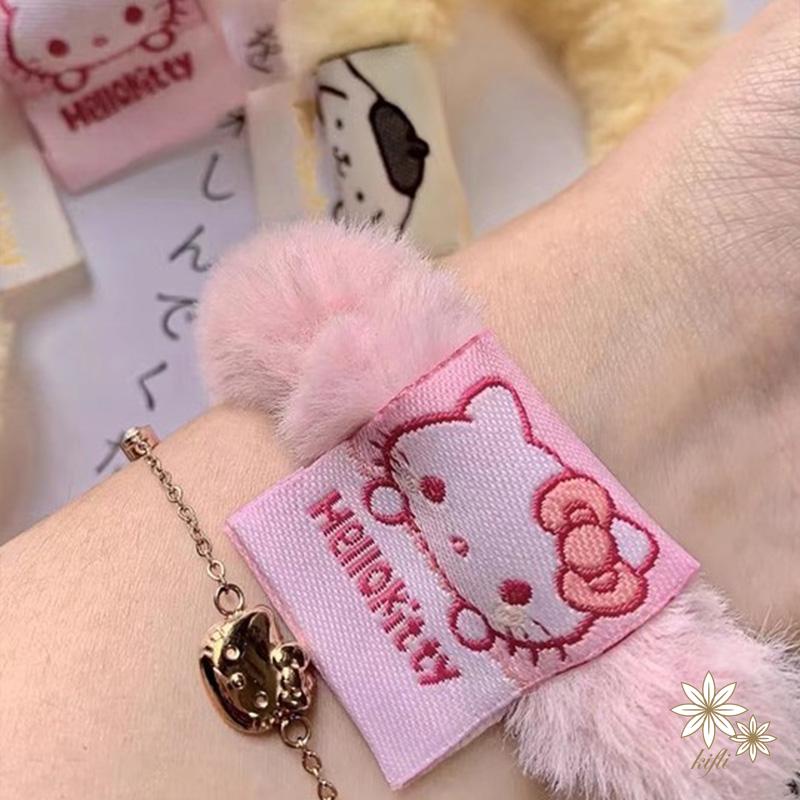 SANRIO Dây Cột Tóc Lông Nhung In Nhãn Hoạt Hình Màu Kẹo Thời Trang Thu Đông Cho Nữ