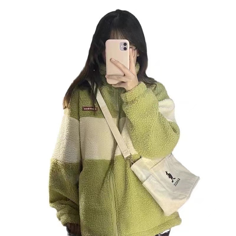 Áo Khoác Lông Cừu Giả Cổ Đứng Phối Màu Tương Phản Phối Khóa Kéo Kiểu Nhật Bản Thời Trang Thu Đông 2022 Cho Nữ
