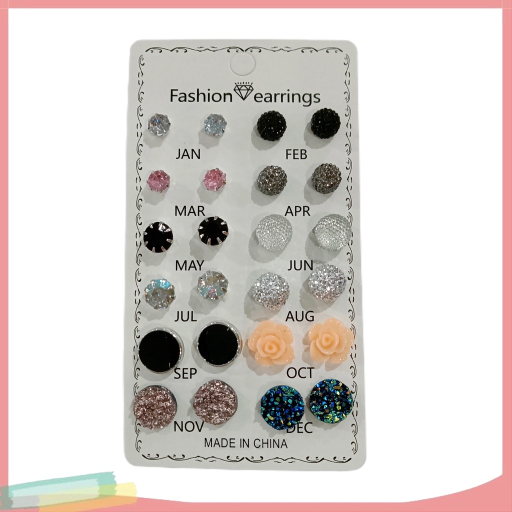 Set 12 Đôi Khuyên Tai Tròn Đính Đá Phong Cách Sang Trọng Thời Trang Cho Nữ