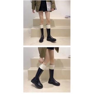 Boot đùi mũi tròn, cổ da phối màu (có video)