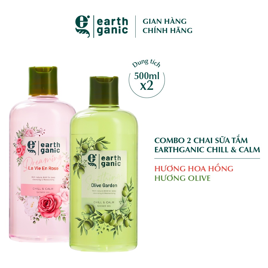 Combo 2 Sữa Tắm Dưỡng Ẩm Làm Sạch Sâu Hương Ô Liu + Hoa Hồng Earthganic 500ml/1 Chai