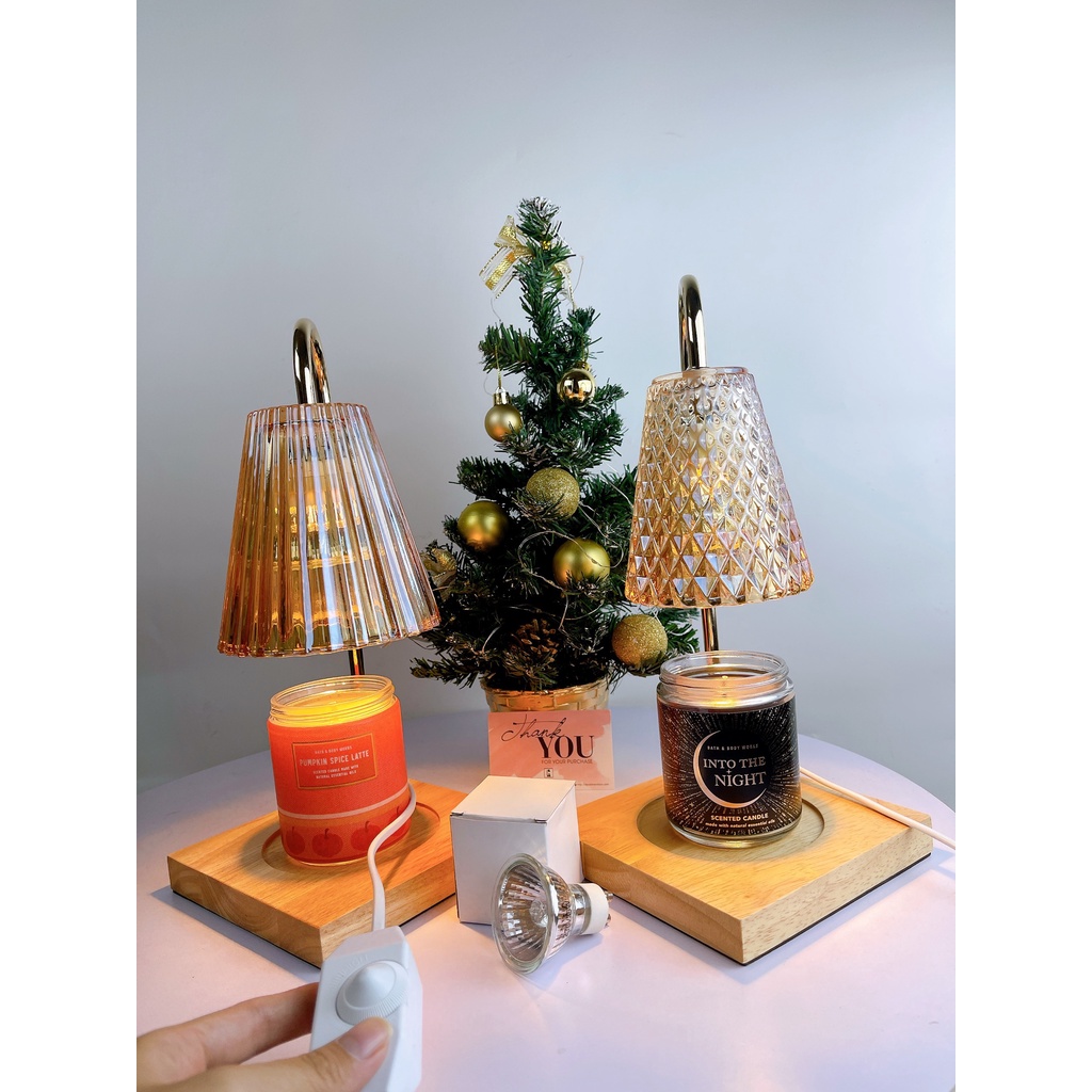 Đèn đốt nến thơm thủy tinh đế gỗ - dùng cho nến BBW, Yankee, Candlecup - Chỉnh độ sáng