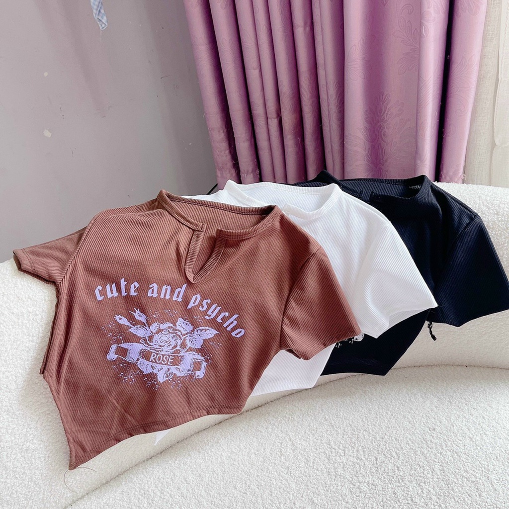 Áo croptop tay ngắn phong cách retro Bare in họa tiết Rose Cute and Psycho cổ điển - AO09 | BigBuy360 - bigbuy360.vn