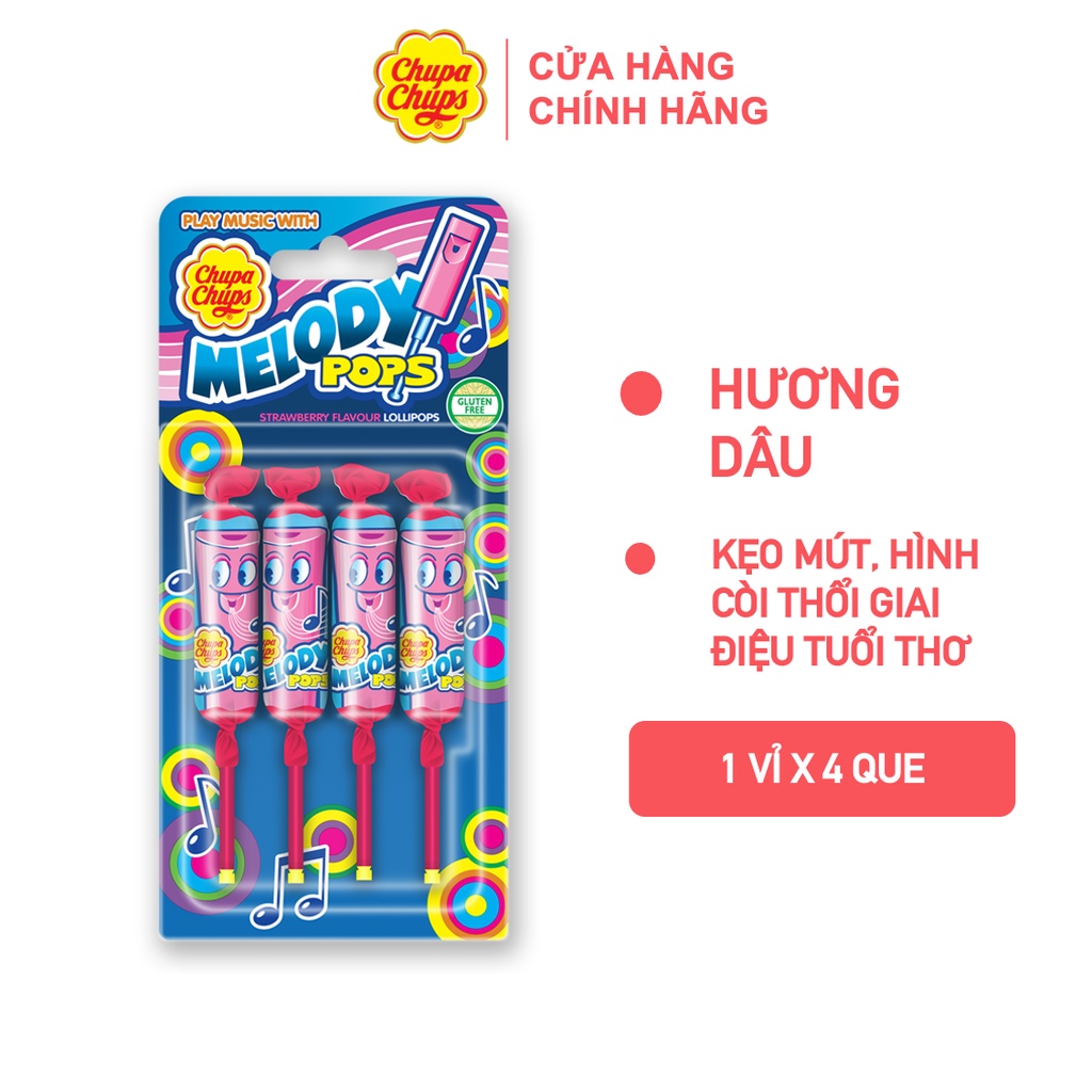Chupa Chups Kẹo Mút Cây Còi Thổi Hương Dâu (Vĩ 4 que)
